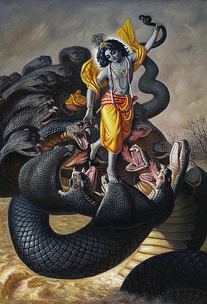 Lord Krishna Standing on the Serpent Kaliya in a Dramatic Mythological Painting HD phone wallpaper