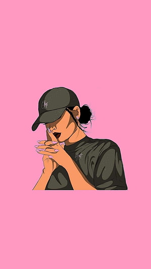 Digital illustration of a woman in a black cap and t-shirt with pink nails on a pink background, Cute Instagram Girls, instagram profile HD phone wallpaper