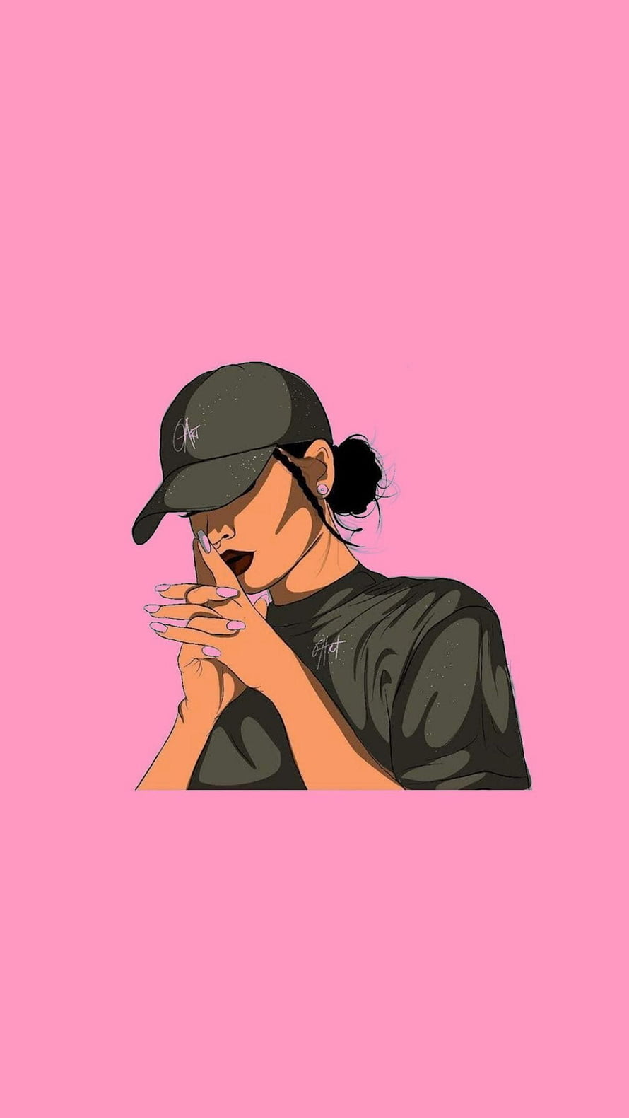 Digital illustration of a woman in a black cap and t-shirt with pink nails on a pink background, Cute Instagram Girls, instagram profile HD phone wallpaper