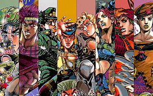 JoJo's Bizarre Adventure Protaganist Lineup in Vibrant Manga Style HD wallpaper