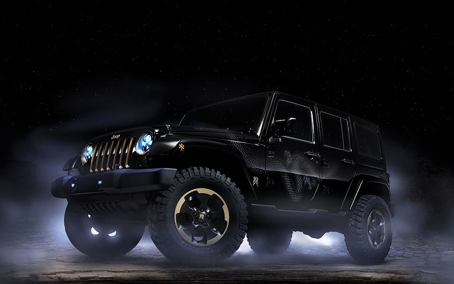 Black Jeep Wrangler with Gold Dragon Decals and Underglow in Night Setting HD wallpaper