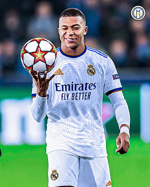 Kylian Mbappe in Real Madrid Home Kit Holding a Champions League Ball on the Pitch HD phone wallpaper