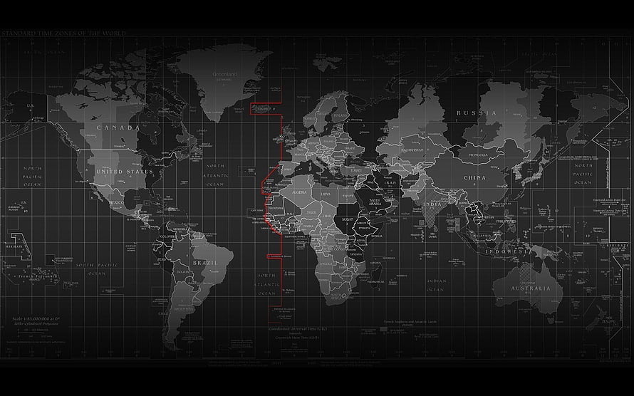 Dark World Time Zone Map with Red Prime Meridian Line HD wallpaper