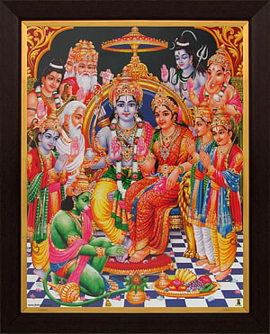 Vibrant Hindu Deities Painting Featuring Vishnu, Lakshmi, and Ganesha in Traditional Art Style HD phone wallpaper