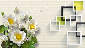 Elegant White Lotus Flowers and Geometric Frames on Cream Brick Wall HD wallpaper