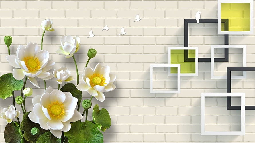 Elegant White Lotus Flowers and Geometric Frames on Cream Brick Wall HD wallpaper