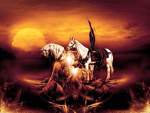 Muharram Karbala: White Horses and Mourner at Sunset HD wallpaper