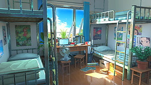 Sunlit Anime Dormitory Room With Bunk Beds And Studio Ghibli Posters HD wallpaper