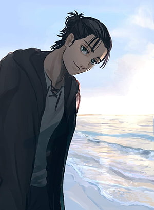 Eren Yeager anime character standing on a beach with long hair and a dark jacket HD phone wallpaper