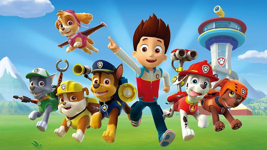Paw Patrol Team Running Together with Ryder and Lookout Tower HD wallpaper
