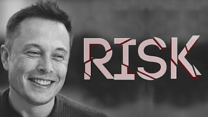 Elon Musk Portrait with Bold Risk Typography on Dark Background HD wallpaper