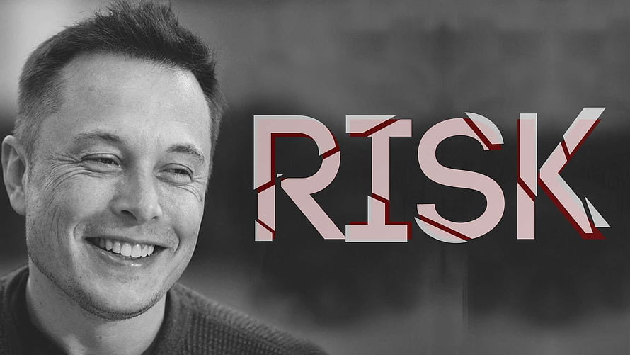 Elon Musk Portrait with Bold Risk Typography on Dark Background HD wallpaper