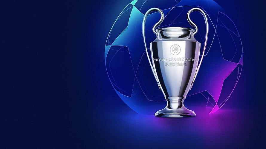 UEFA Champions League Trophy with Neon Star Ball on Dark Blue Background HD wallpaper