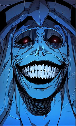Creepy Blue Demon Face With Glowing Red Eyes And Wide Grin HD phone wallpaper