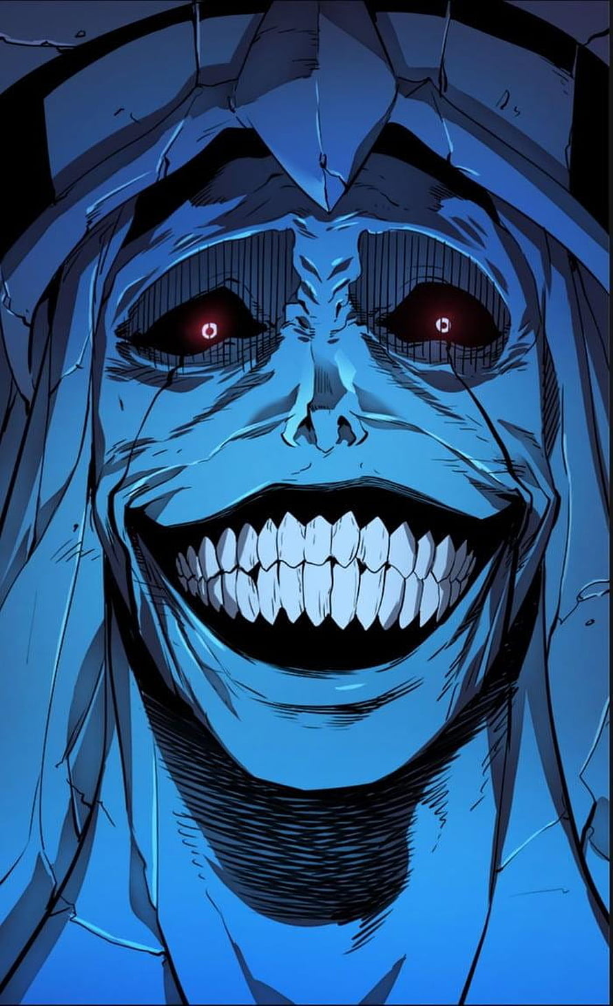 Creepy Blue Demon Face With Glowing Red Eyes And Wide Grin HD phone wallpaper