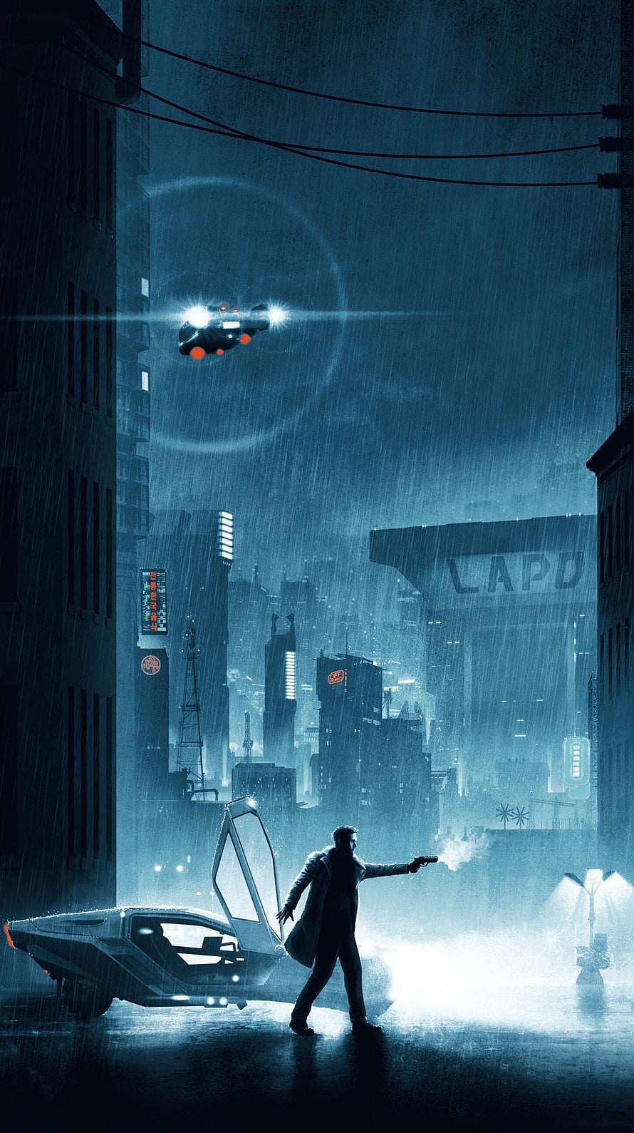 Blade Runner 2049 Rainy Night Cityscape with Flying Vehicle and Silhouette HD phone wallpaper