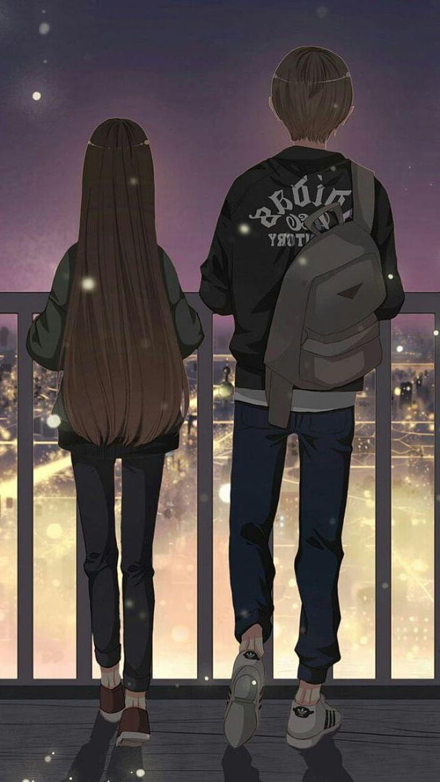 Anime Couple Back View Watching City Lights at Night HD phone wallpaper