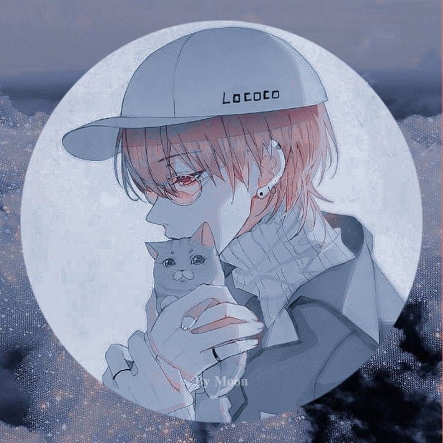 Anime Boy Holding Cat in Circular Frame with Muted Blue Palette HD phone wallpaper