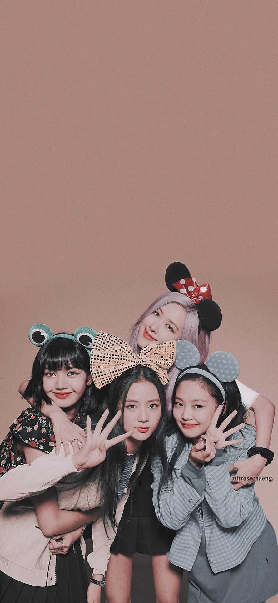 Blackpink members Lisa, Jennie, Rosé, and Jisoo posing with cute animal headbands and peace signs HD phone wallpaper