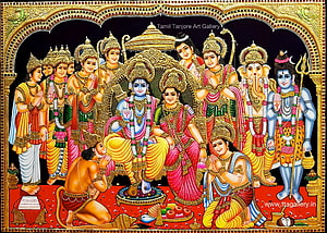 Ram Darbar Tanjore Painting with Laxman, Sita, Hanuman, and Shiva in Traditional Gold Style HD wallpaper