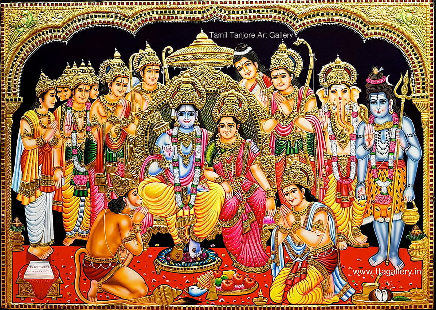 Ram Darbar Tanjore Painting with Laxman, Sita, Hanuman, and Shiva in Traditional Gold Style HD wallpaper