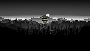 Silhouette of a lit watchtower in a dark pine forest with mountains and moon HD wallpaper