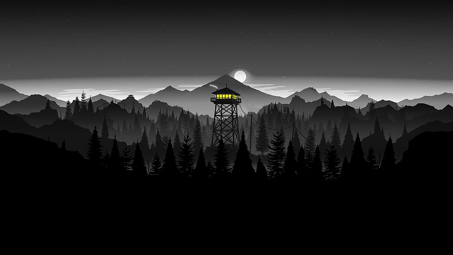 Silhouette of a lit watchtower in a dark pine forest with mountains and moon HD wallpaper