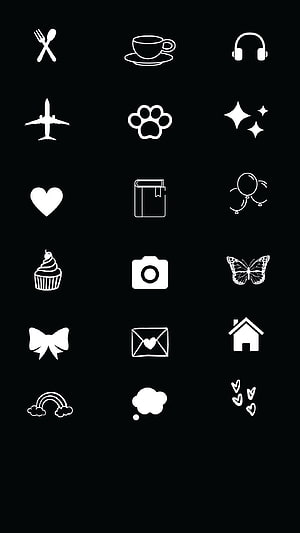 Minimalist White Icon Grid on Black Background Featuring Cute Symbols Like Cupcake, Camera, and Butterfly HD phone wallpaper