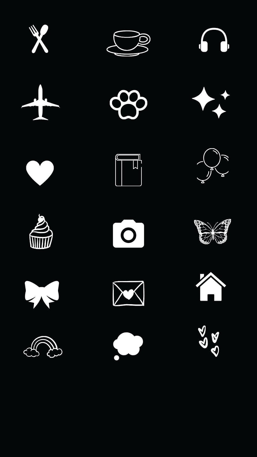 Minimalist White Icon Grid on Black Background Featuring Cute Symbols Like Cupcake, Camera, and Butterfly HD phone wallpaper