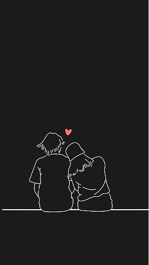 Minimalist Line Art Couple Sitting Together With Red Heart On Black Background HD phone wallpaper