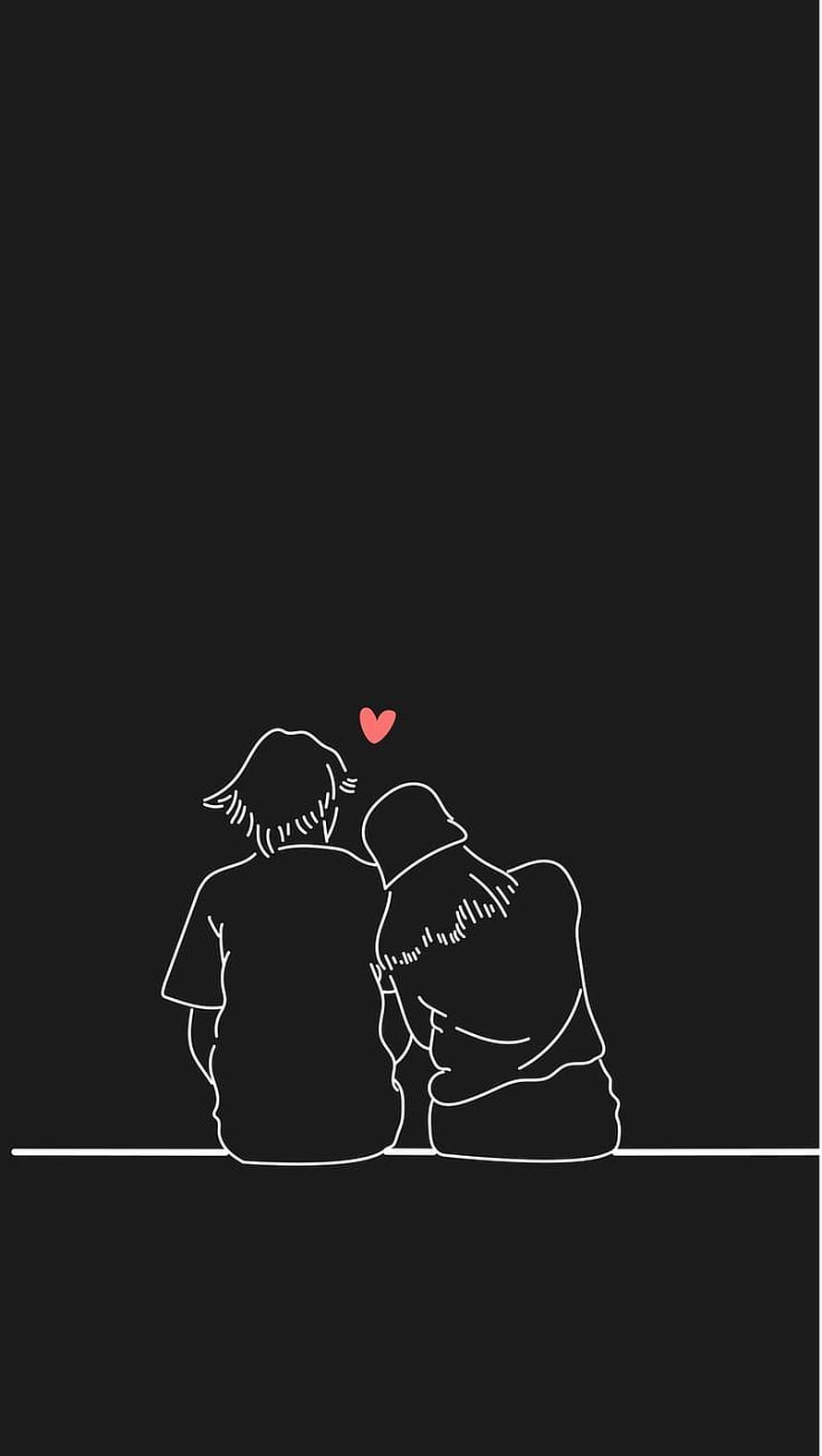 Minimalist Line Art Couple Sitting Together With Red Heart On Black Background HD phone wallpaper