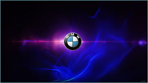 BMW Logo with Blue and Purple Neon Light Flares on Dark Background HD wallpaper