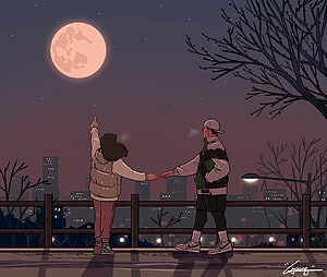 Anime Couple Holding Hands Under a Full Moon on a City Bridge at Night HD wallpaper