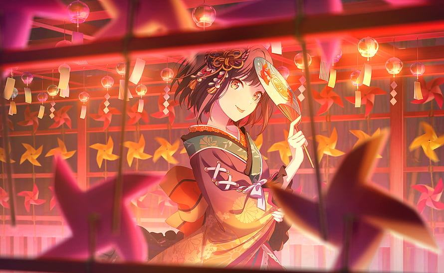 Shinonome Ena in Traditional Kimono Amidst Festival Lanterns and Pinwheels HD wallpaper