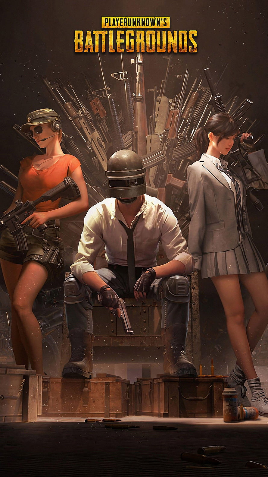 PlayerUnknown's Battlegrounds Helmet Guy Flanked by Armed Female Characters HD phone wallpaper