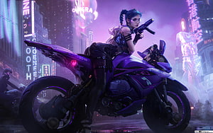 Cyberpunk Anime Girl on Futuristic Purple Motorcycle in Neon City HD wallpaper