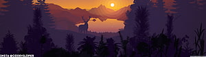 Stylized Deer Silhouette Against Orange Mountain Sunset with Pine Forest HD wallpaper
