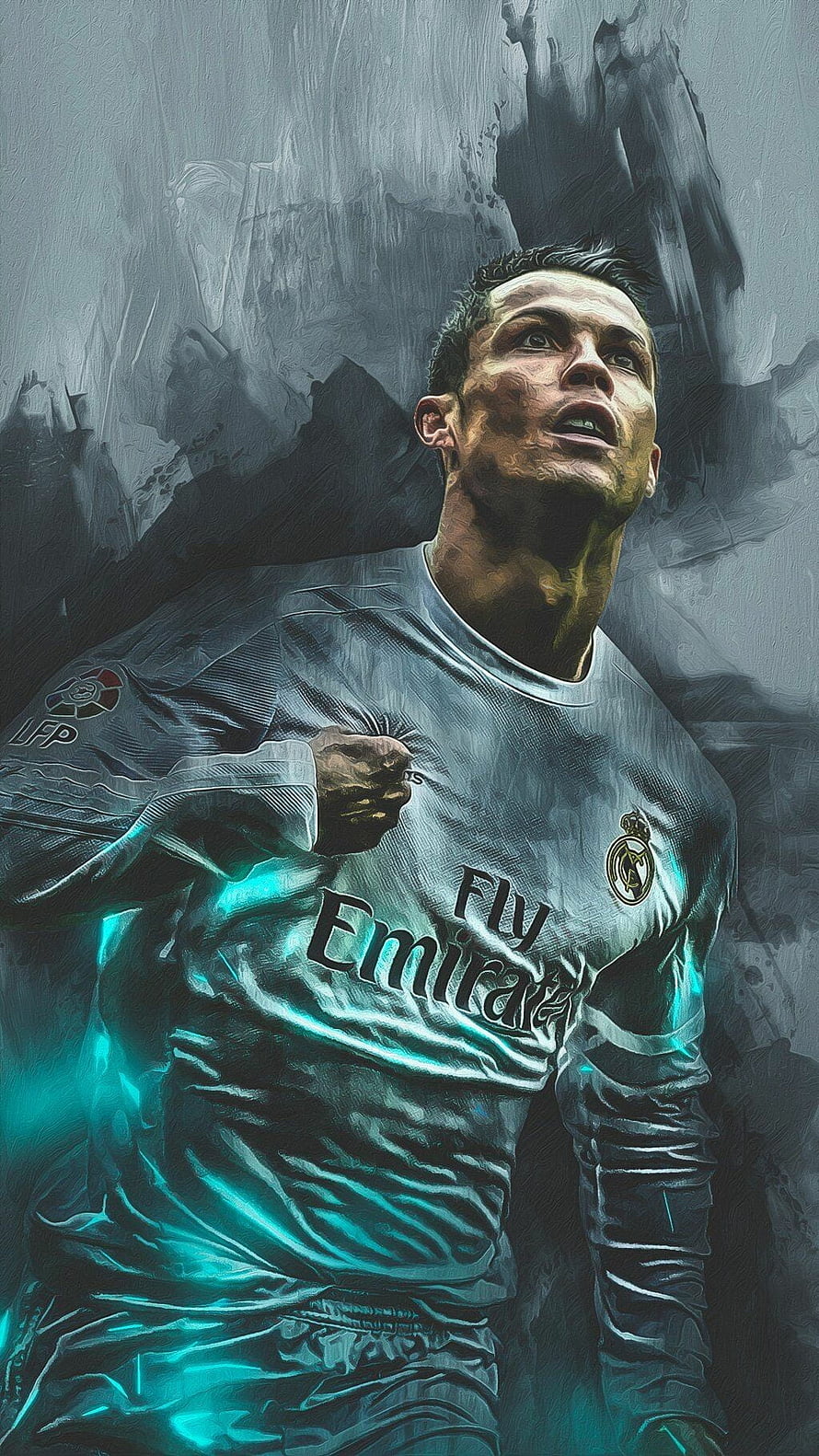 Cristiano Ronaldo Real Madrid Digital Art Portrait with Cyan Glow HD phone wallpaper