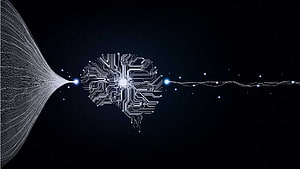 Futuristic Artificial Intelligence Brain Circuit Board Concept with Data Flow HD wallpaper