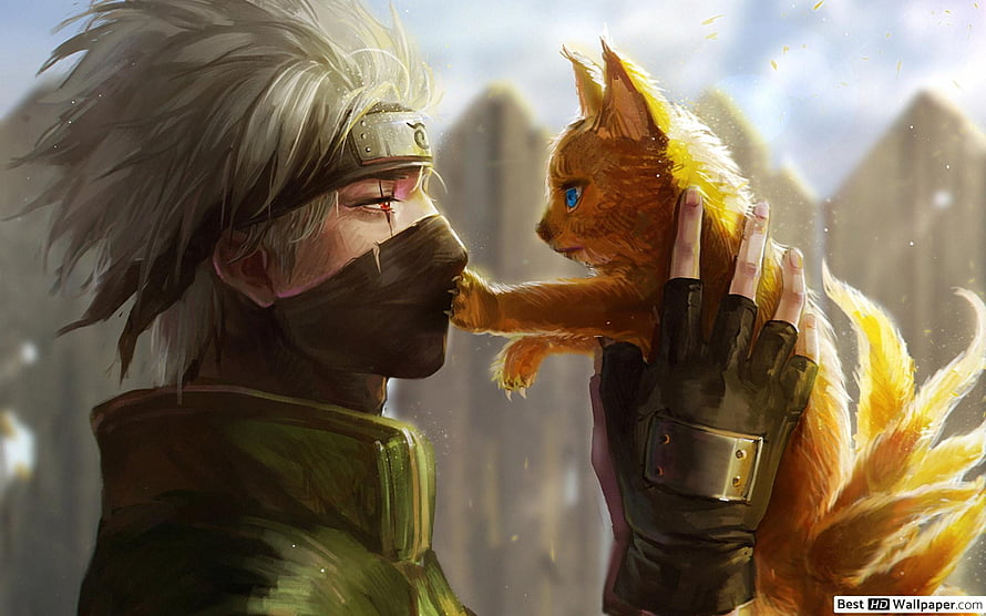 Kakashi Hatake Holding Orange Cat Anime Artwork HD wallpaper