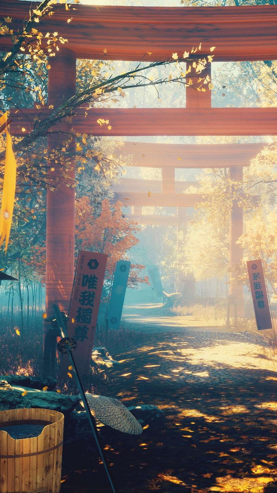 Sunlit Path Through Torii Gates in Autumn Forest with Samurai Sword and Wooden Bucket HD phone wallpaper