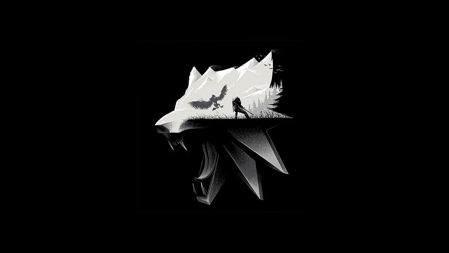 Monochrome Wolf Head Gaming Logo With Mountain Landscape And Archer Silhouette HD wallpaper