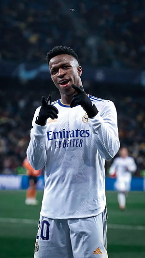 Vinicius Jr Celebrating in Real Madrid White Kit HD phone wallpaper