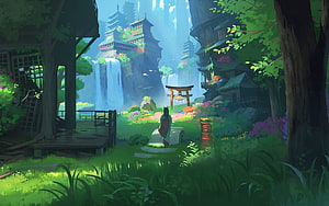 Anime Fantasy Landscape Featuring Japanese Temple, Waterfall, and Torii Gate in Lush Forest HD wallpaper
