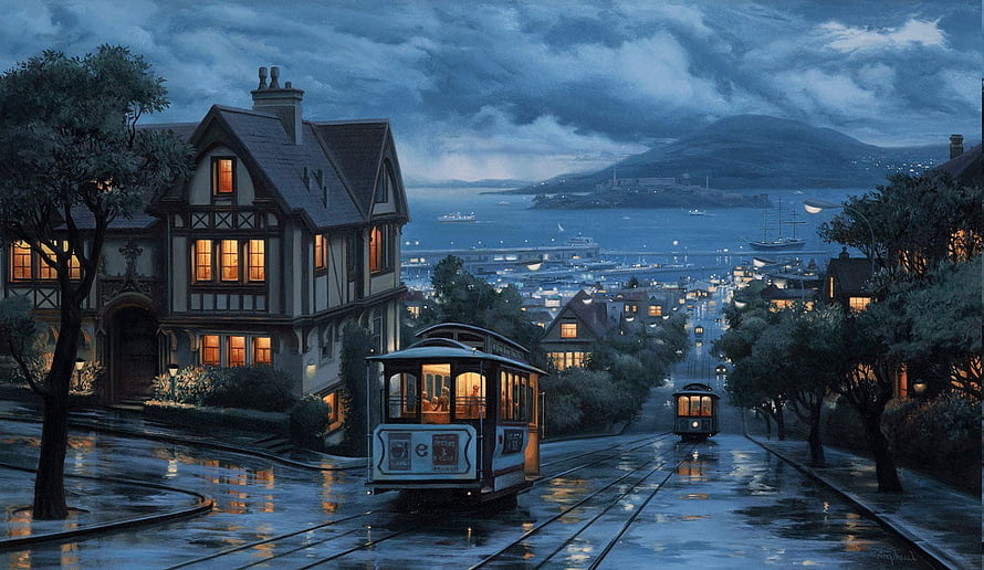 San Francisco Cable Car on a Rainy Evening with Victorian Architecture and Bay View HD wallpaper