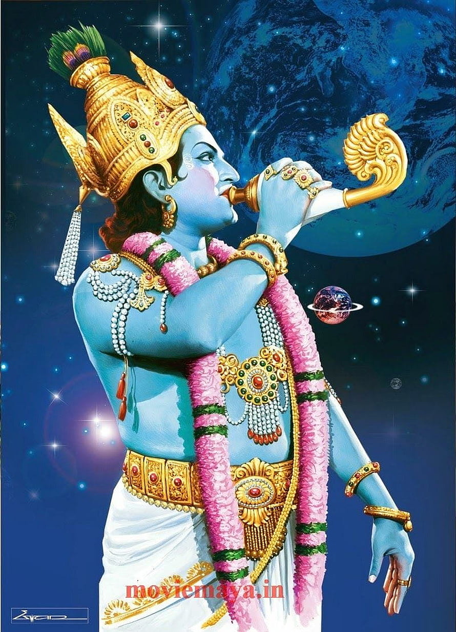 Lord Krishna Playing Flute in Space with Planets and Stars Background HD phone wallpaper