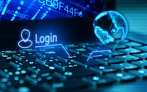 Digital Login Interface with Holographic Globe and Keyboard in Blue Tech Style HD wallpaper
