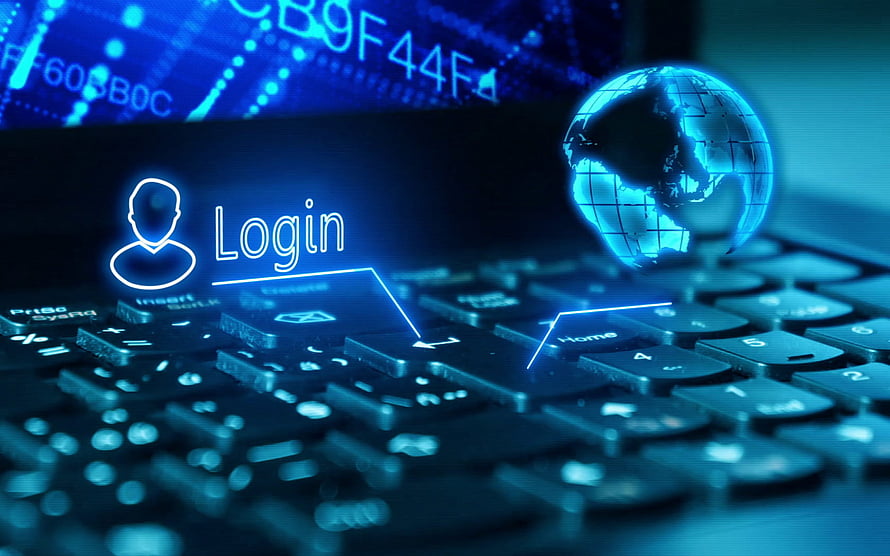 Digital Login Interface with Holographic Globe and Keyboard in Blue Tech Style HD wallpaper