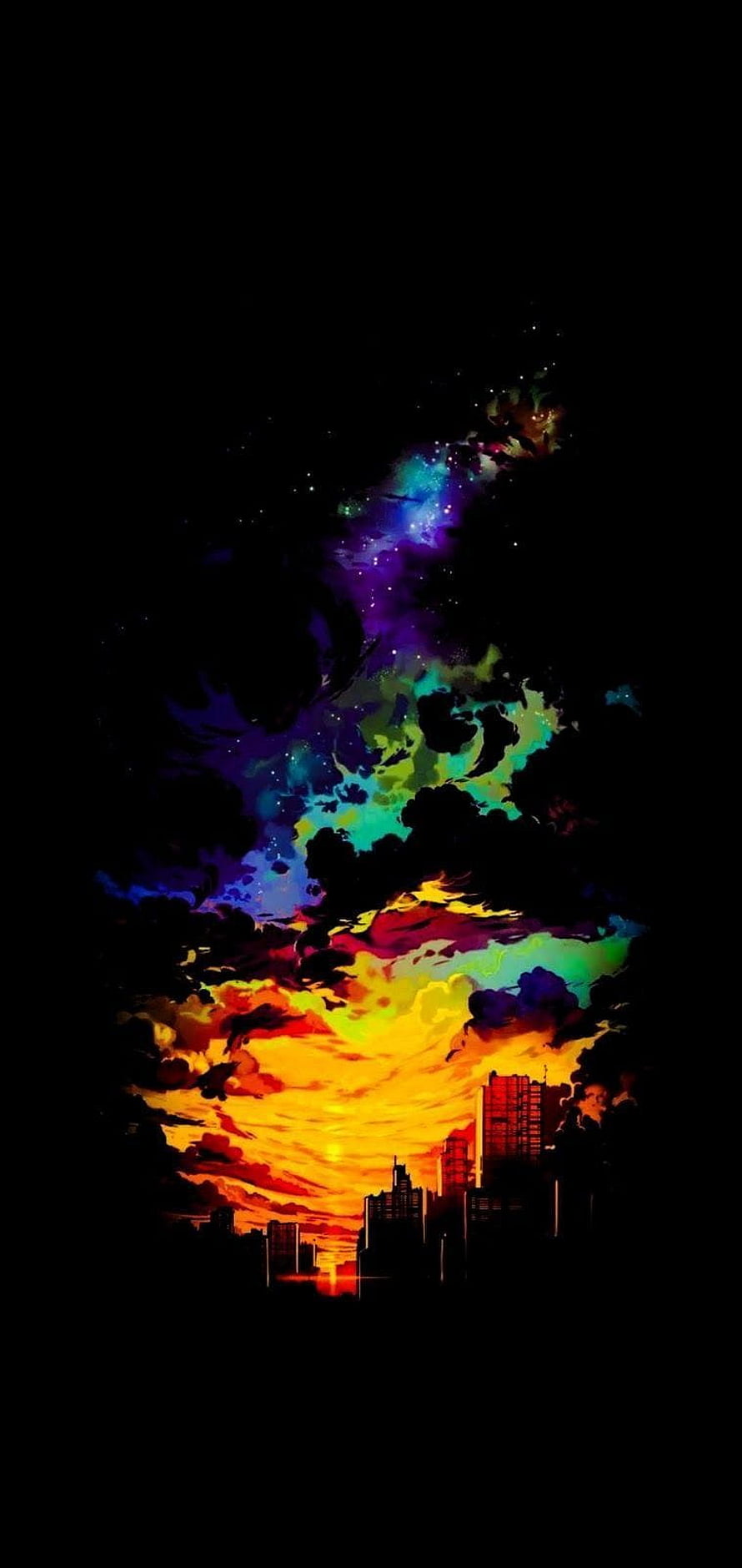 Vibrant Anime Style City Skyline With Colorful Sunset And Starry Night Sky HD phone wallpaper