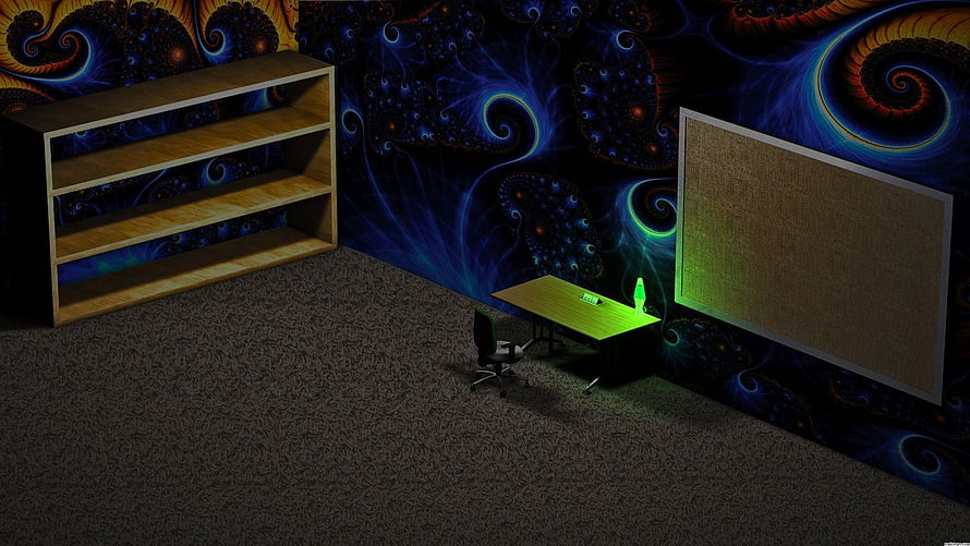 The Backrooms Level 0 Office Room with Fractal Wallpaper and Green Desk Lamp HD wallpaper